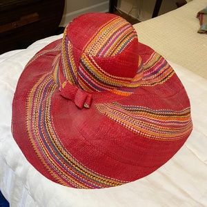 Red and Multicolored Striped Raphia Wide Brim Sun Hat